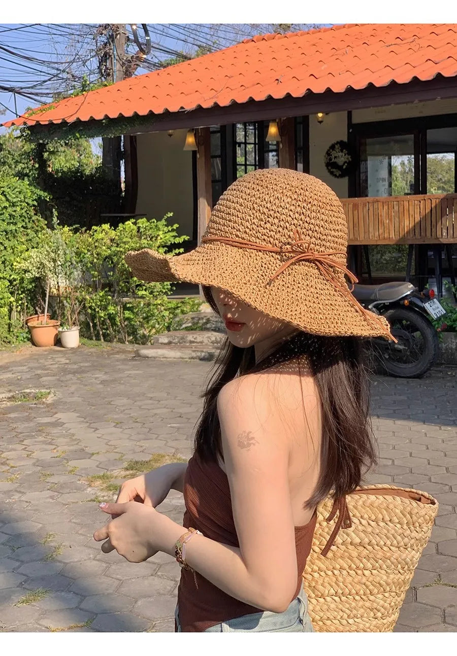 Women’s Holiday Beach Sun Hat – Large Brim Woven Straw Fisherman Hat with Bow, Seaside Sun Protection Panama Chapeau Korean Style