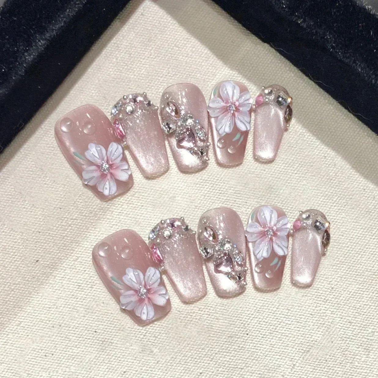 10Pcs Handmade Press-On Nails – Cute Flower & Butterfly Design with Glossy Diamond Full Cover Acrylic Tips