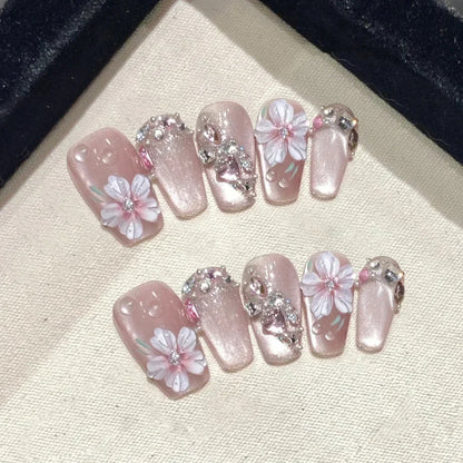 10Pcs Handmade Press-On Nails – Cute Flower & Butterfly Design with Glossy Diamond Full Cover Acrylic Tips