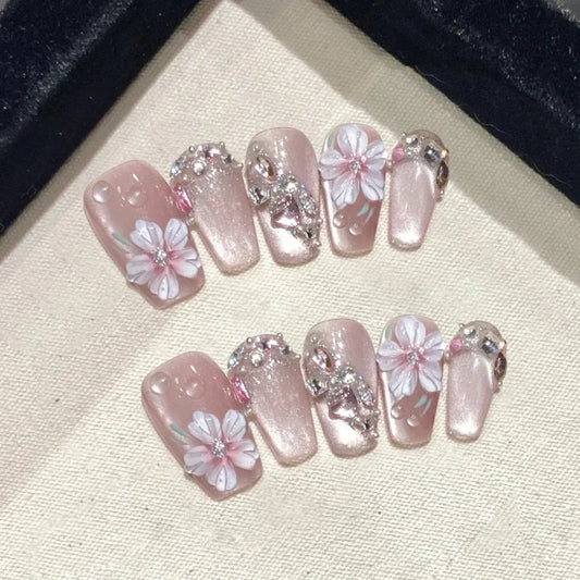 10Pcs Handmade Press-On Nails – Cute Flower & Butterfly Design with Glossy Diamond Full Cover Acrylic Tips