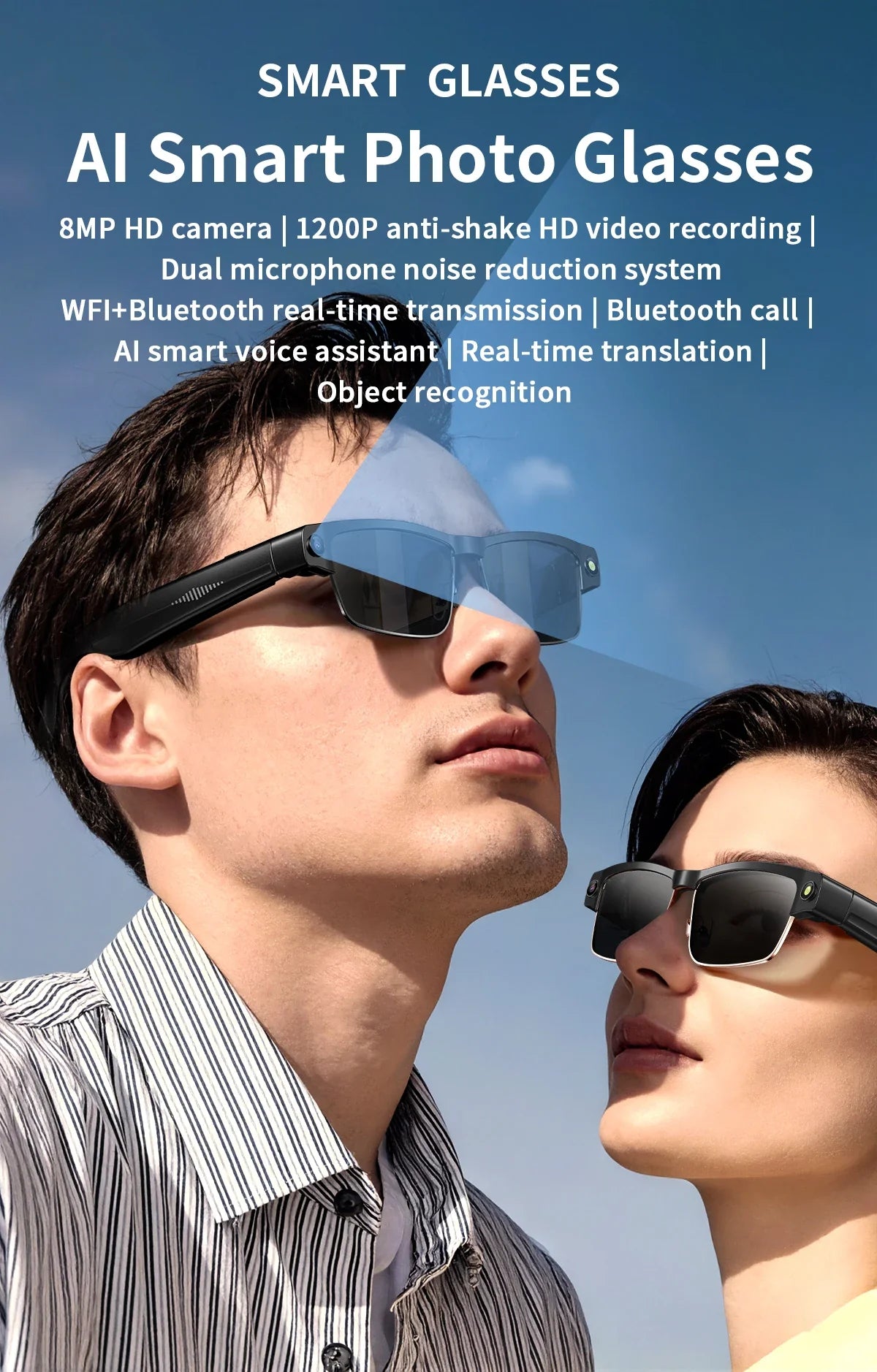 AI Smart Camera Glasses — 8MP with Bluetooth for Calls & Music, Object Recognition, and AI Translation