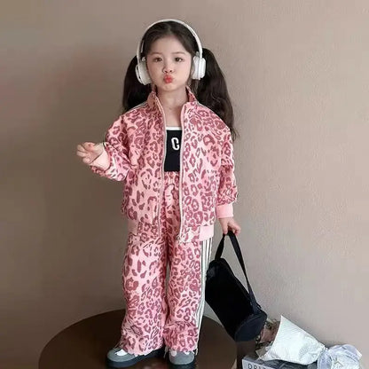 Girls' Spring Sportswear Set – Stylish Leopard Pattern Top & Pants Two-Piece Outfit for Children