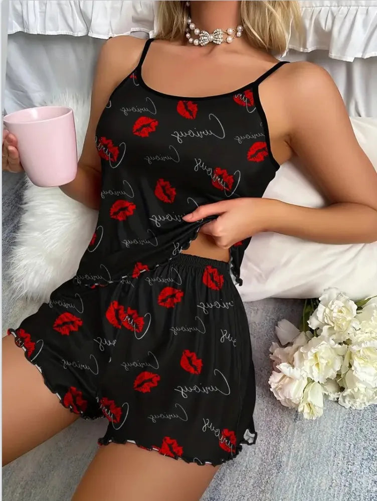 Women's Leopard Print Pajama Set – Sexy Summer Cami Top & Elastic Waist Shorts for Home & Lounge