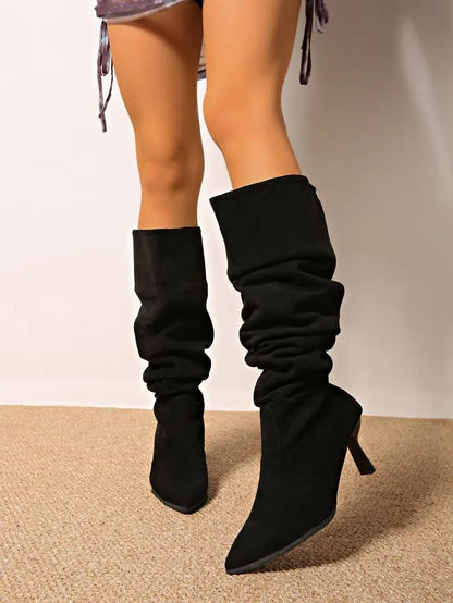 2025 Women’s Retro Black Suede Knee-High Boots – Pointed Toe, High Heel, Plus Size