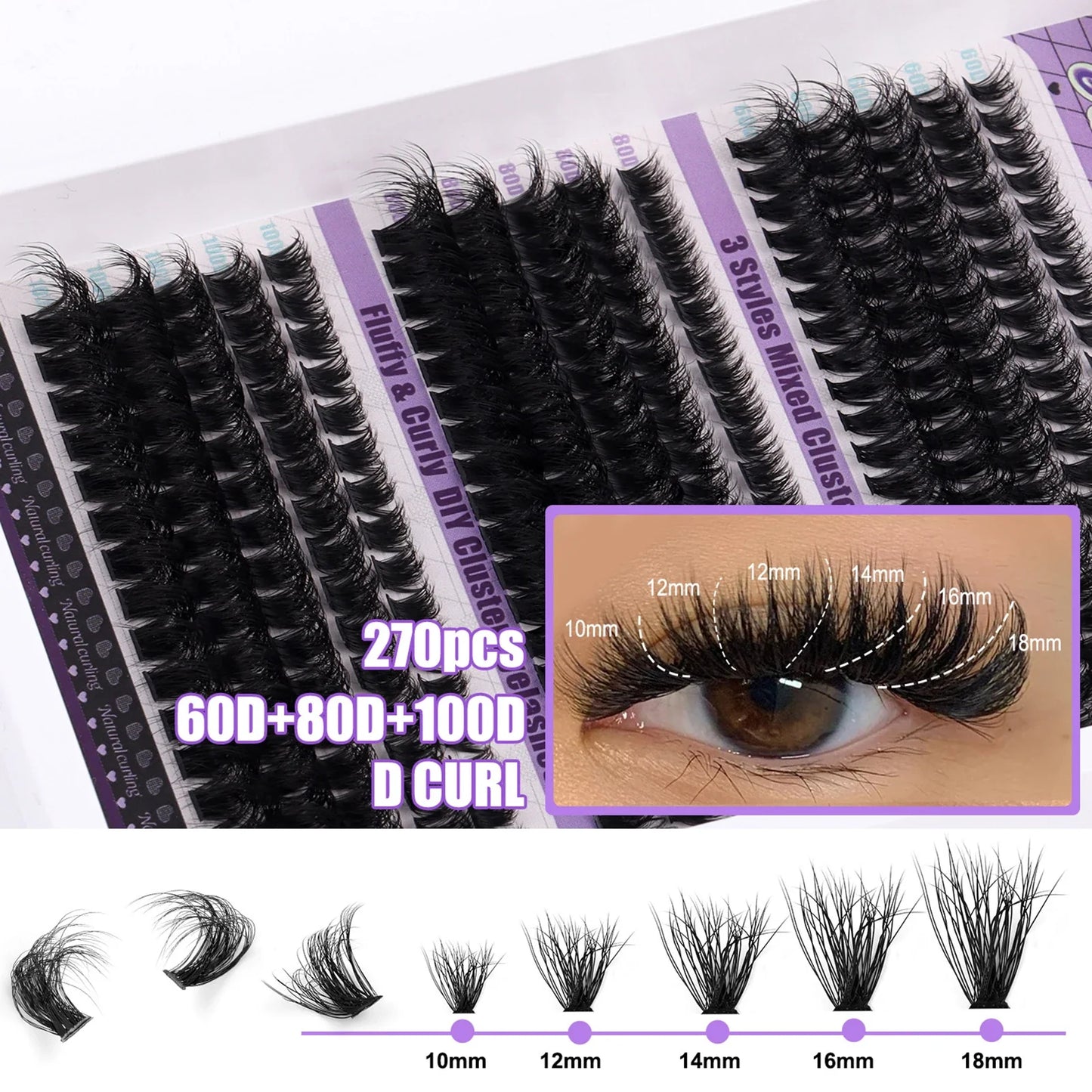 270pcs Individual Cluster Lashes — Fluffy Volume False Eyelashes with Bond & Seal Glue Kit, 60D/80D/100D Extensions