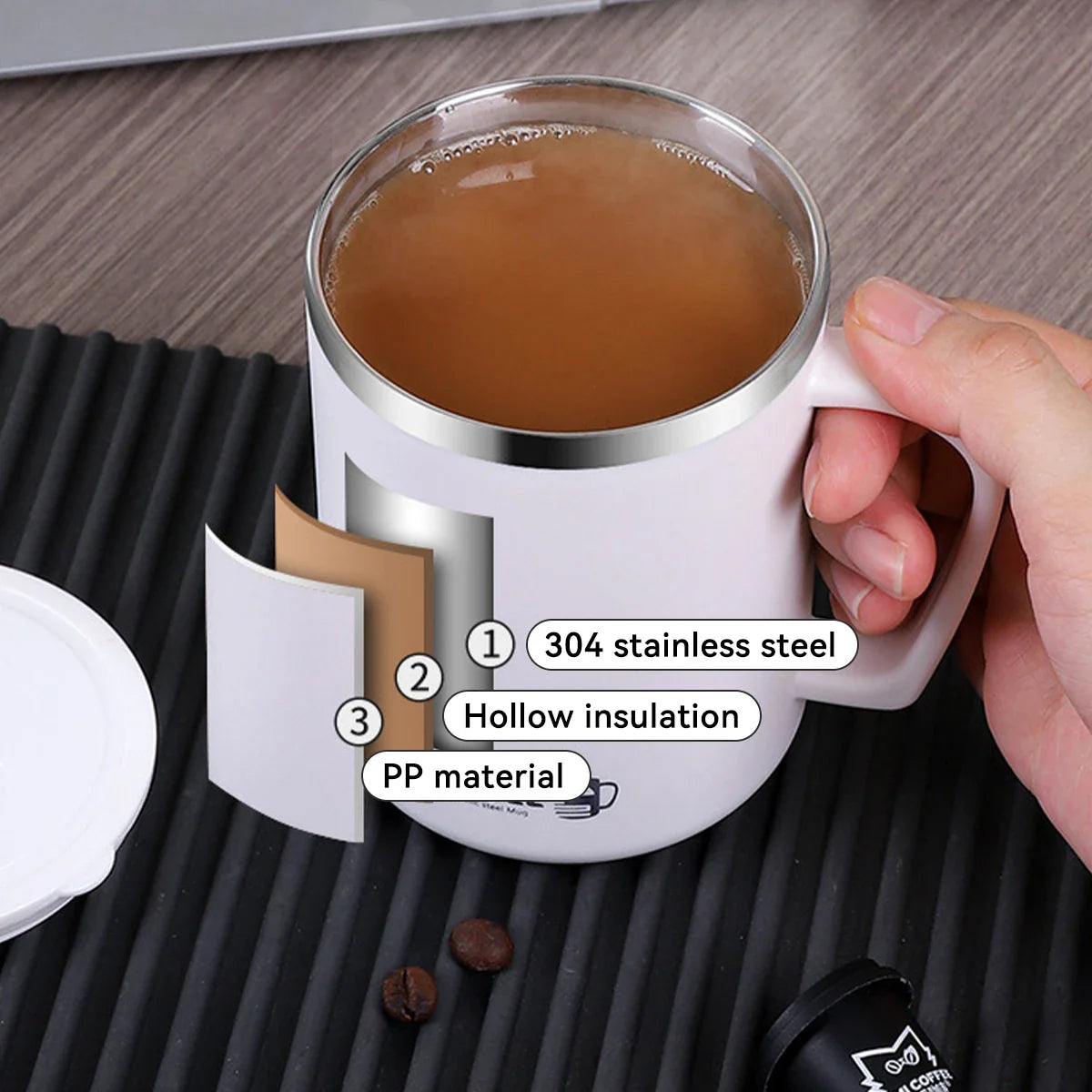 WORTHBUY 480ml Stainless Steel Insulated Coffee Mug – Double Layer Thermal Travel Cup with Lid, Handle & Leak-Proof Design