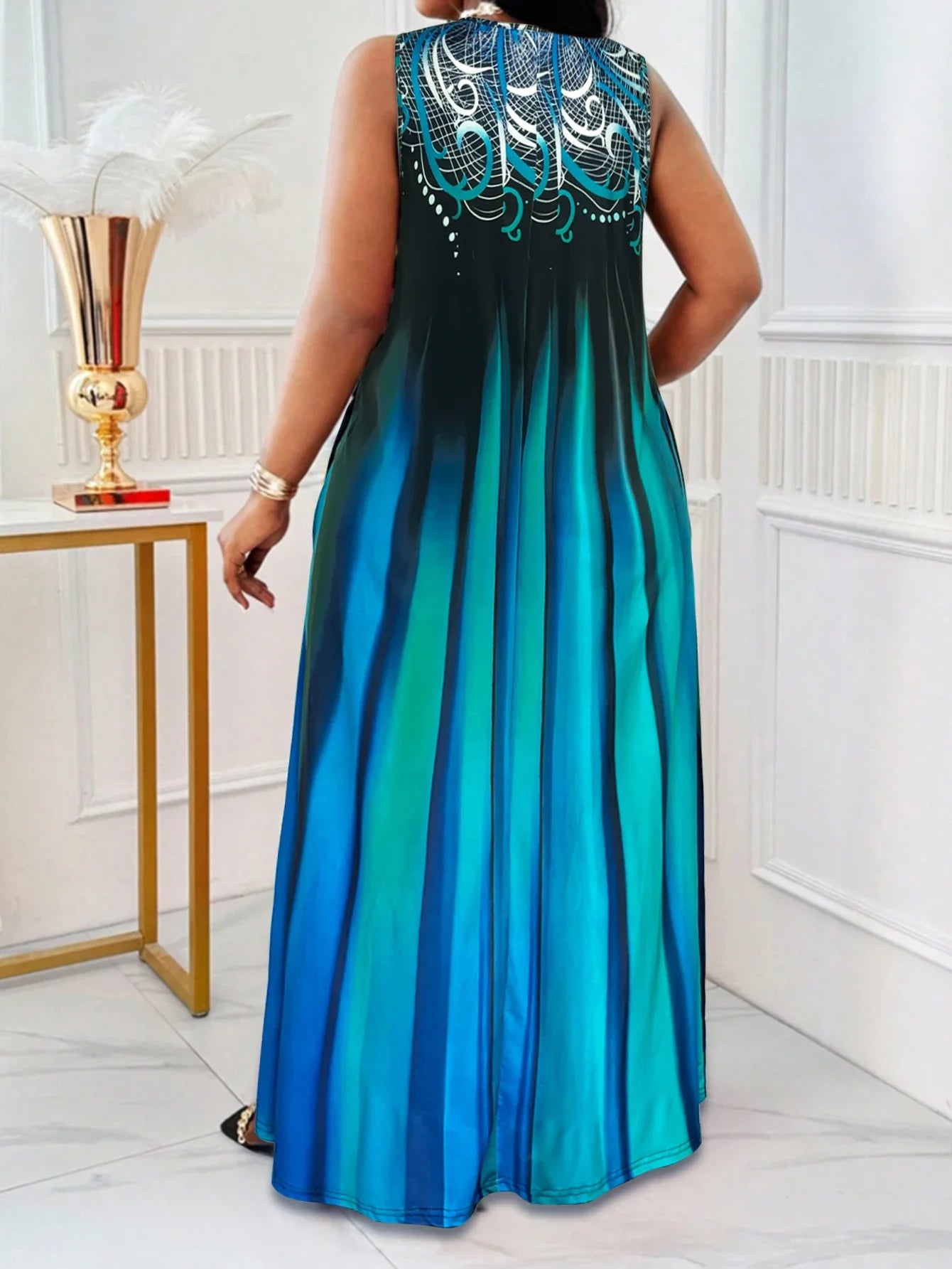 Plus Size Teal Blue Maxi Dress - Gradient Print Sleeveless Casual Sundress with Pocket