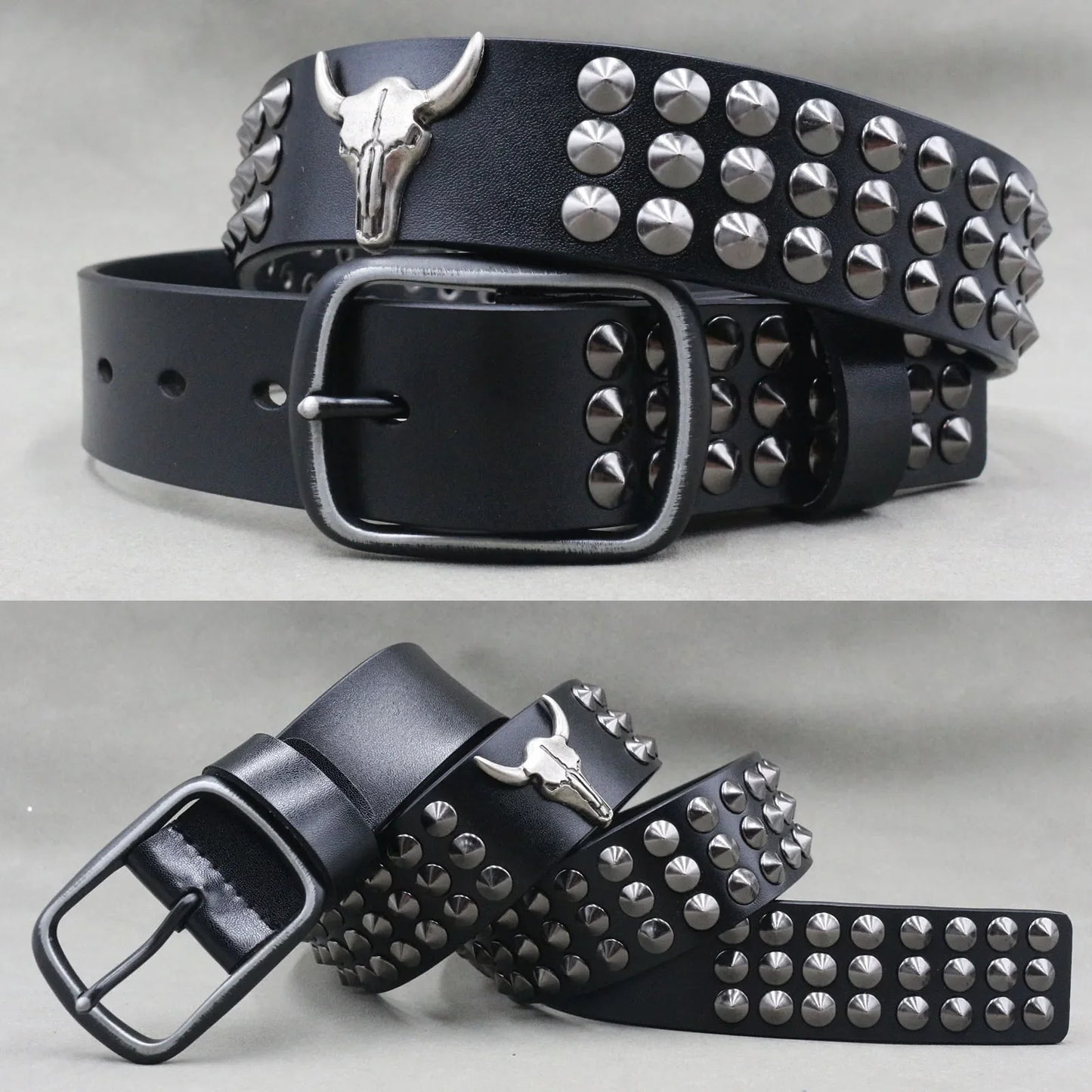 Men’s Designer Rivet Belt – Genuine Cowhide Leather Punk Rock Pin Belt for Jeans, Luxury Black Leather Belt