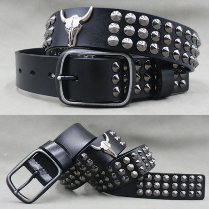 Men’s Designer Rivet Belt – Genuine Cowhide Leather Punk Rock Pin Belt for Jeans, Luxury Black Leather Belt