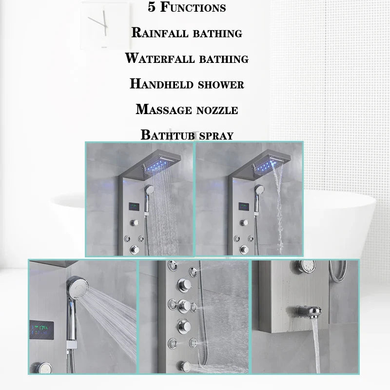 LED Light Bathroom Shower Faucet Set - Rainfall Shower Panel System with Temperature Display, Water Mixer Tap, and SPA Massage Feature