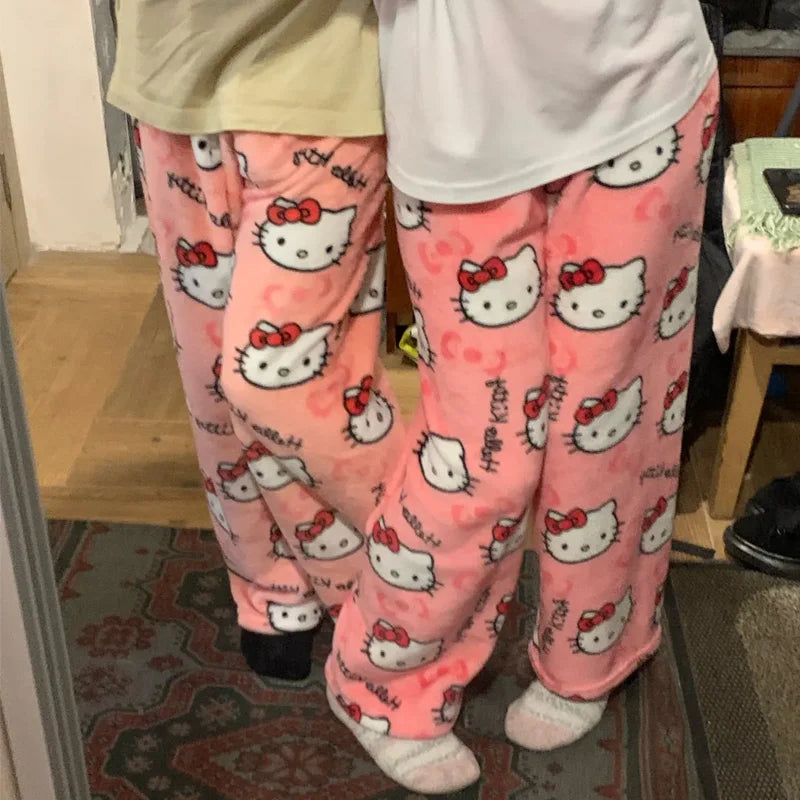 Kawaii Hello Kitty Flannel Pajama Pants – Warm Woolen Anime Trousers for Women, Cute Autumn Loungewear Gift
