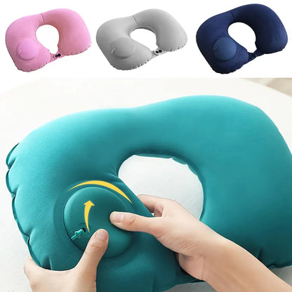 Foldable Travel U-Shape Neck Pillow - Portable Press-Inflatable Cushion for Airplane and Car Rest