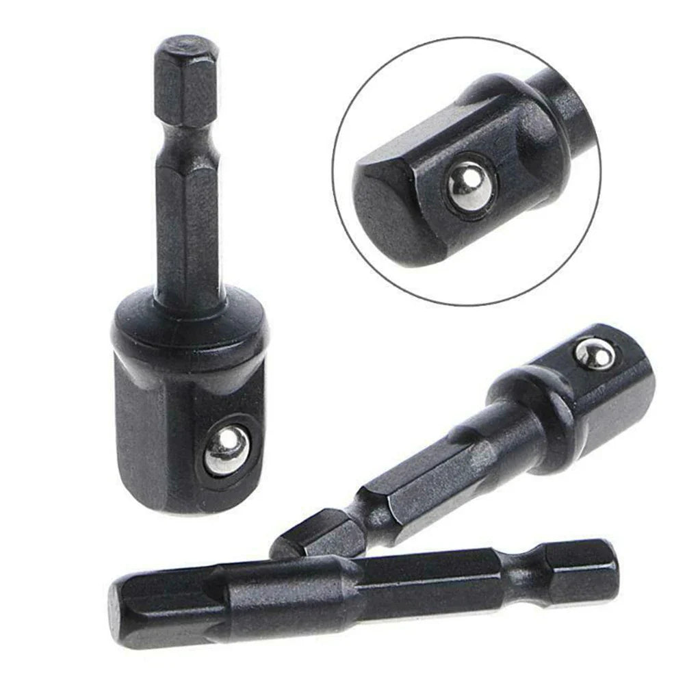 3pcs Impact Socket Adapter Set – 1/4", 3/8", 1/2" Hex Shank Nut Driver Extensions for Screwdrivers