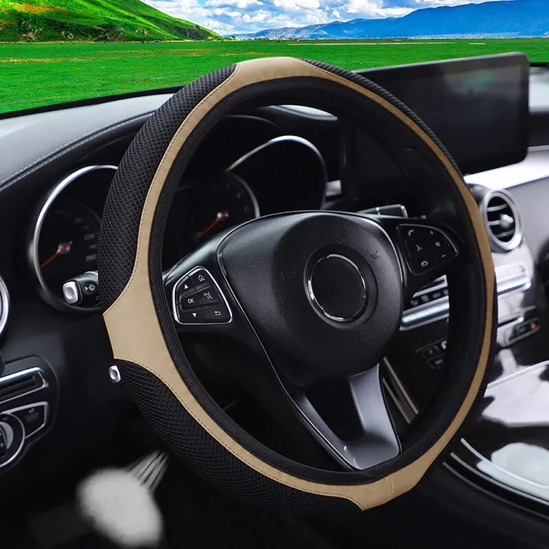 37-38cm Car Steering Wheel Cover: Three-dimensional Leather with Embroidered Color Diamond-encrusted Design - Breathable, No Inner Ring