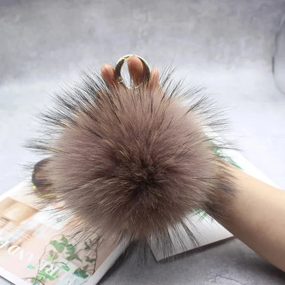 Luxury 15cm Fluffy Real Raccoon Fur Pom Pom Keychain – High-Quality Metal Ring Pendant for Women