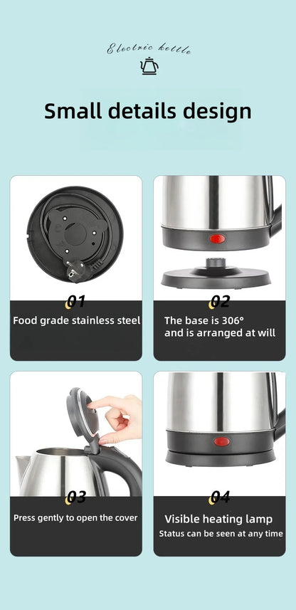2L Travel Electric Kettle | Stainless Steel Portable Water Boiler for Tea, Coffee & Kitchen
