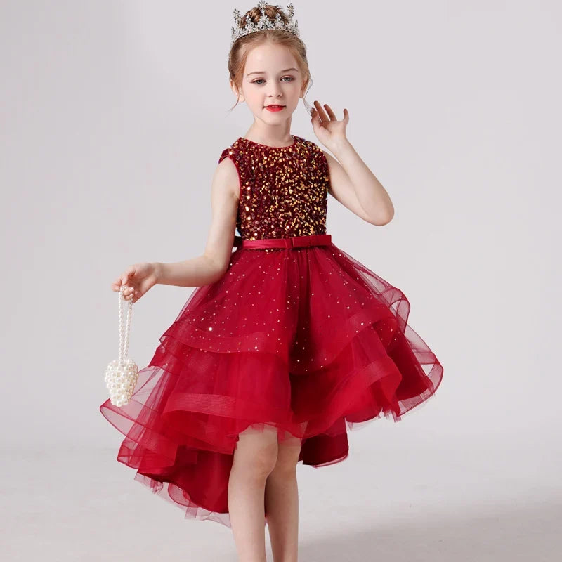 Sequin Lace Tuxedo Dress for Girls - Sleeveless Fluffy Mesh Wedding & Party Dress Ages 3–13