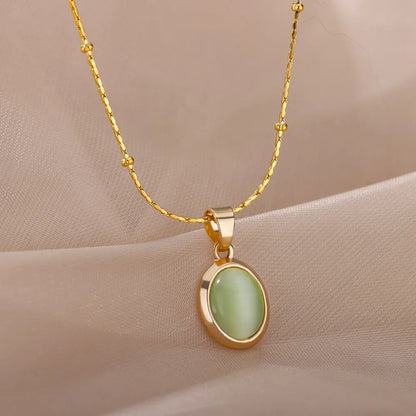 Fashion Opal Oval Necklace for Women – Gold Stainless Steel Pendant, Aesthetic Wedding Jewelry Gift