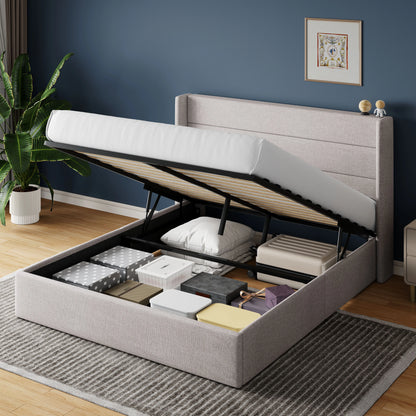 HOOMIC Lift-Up Storage Bed with Wingback Headboard - Heavy-Duty Hydraulic Platform Bed with Large Underbed Storage
