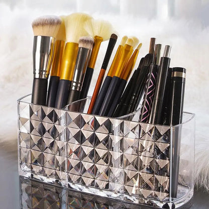 3-Slot Acrylic Makeup Organizer - Transparent Cosmetic Brush, Lipstick & Pencil Holder