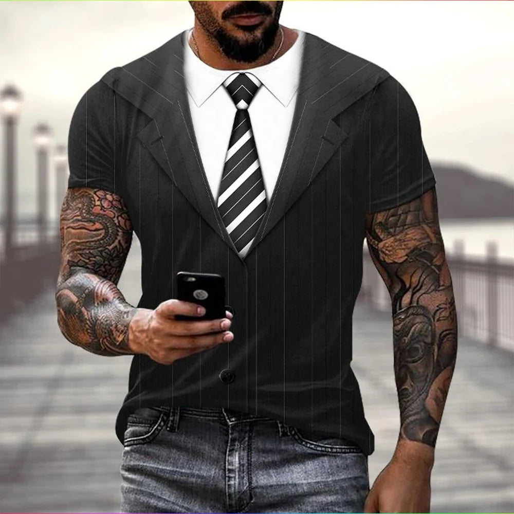 3D Fake Suit T-Shirt - Funny Tailcoat & Bow Graphic Summer Casual Tee