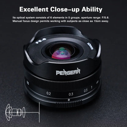 PERGEAR 10mm F5.6 APS-C Fisheye Manual Focus Prime Lens — Ultra-Wide for Fuji XF, M43, Sony E, Canon EOS M Mirrorless Cameras