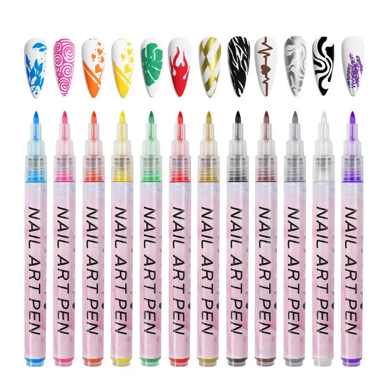 12-Piece Colorful Waterproof Nail Art Pens – DIY 3D Manicure Drawing Pens for Abstract Line Painting and Nail Design