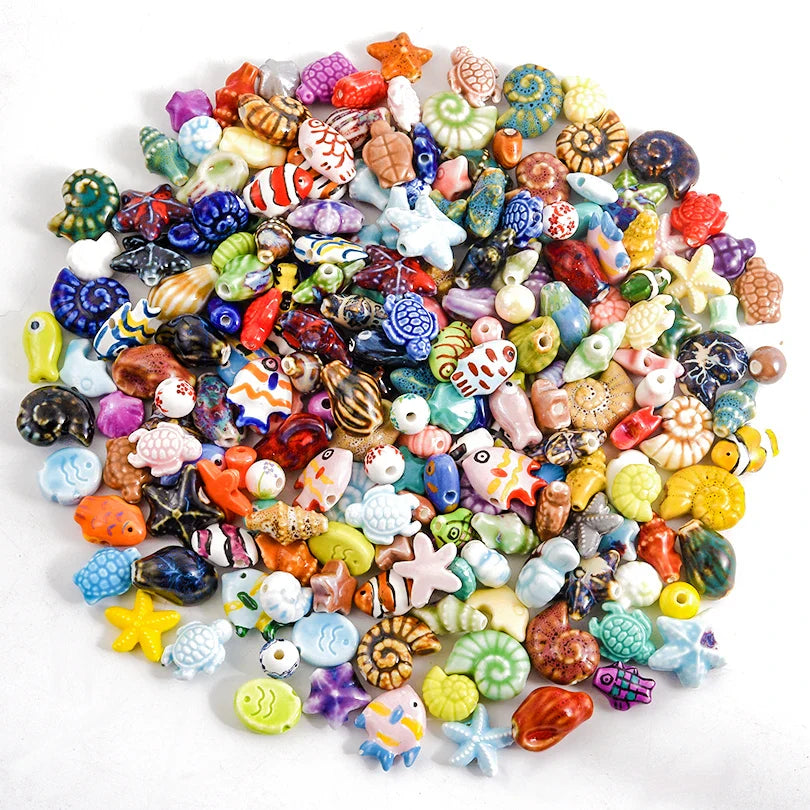 10/20/30PCS Colorful Ceramic Animal Beads – 2mm Hole Clownfish, Turtle, Star & Conch Shell for DIY Jewelry, Bracelets & Crafts