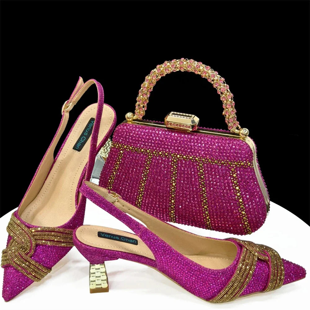 Venus Chan Women’s Champagne Shoe & Bag Set - Rhinestone Heels and Handbag for Nigerian Parties & Weddings