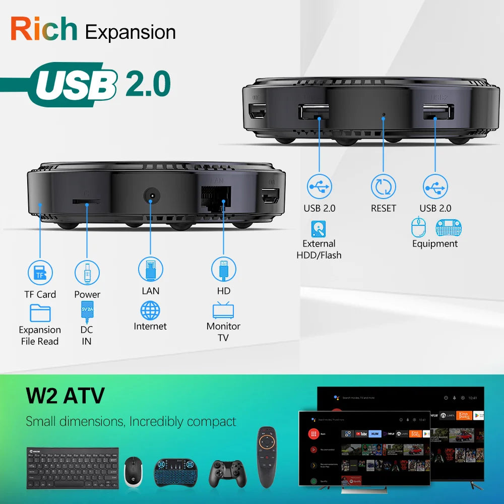W2 ATV TV Box Android 11 – Amlogic S905W2, 4K AV1 Support, 2.4&5G Wifi, BT, Google Voice Remote, 2GB/16GB, 4GB/32GB, 64GB Smart TV Box