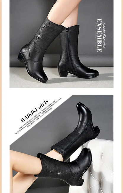 2024 Women’s Fashion Mid-Calf Boots – Waterproof Leather, Anti-Slip Zipper Winter Footwear