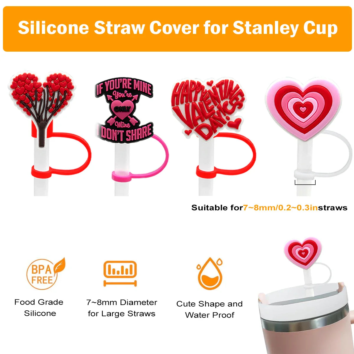 Leeseph 4-Piece Valentine Straw Covers - Cute Red and Pink Silicone Tips, Reusable for 7-8mm Diameter Straws