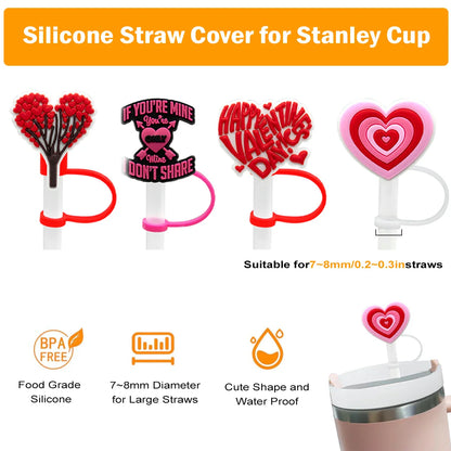 Leeseph 4-Piece Valentine Straw Covers - Cute Red and Pink Silicone Tips, Reusable for 7-8mm Diameter Straws