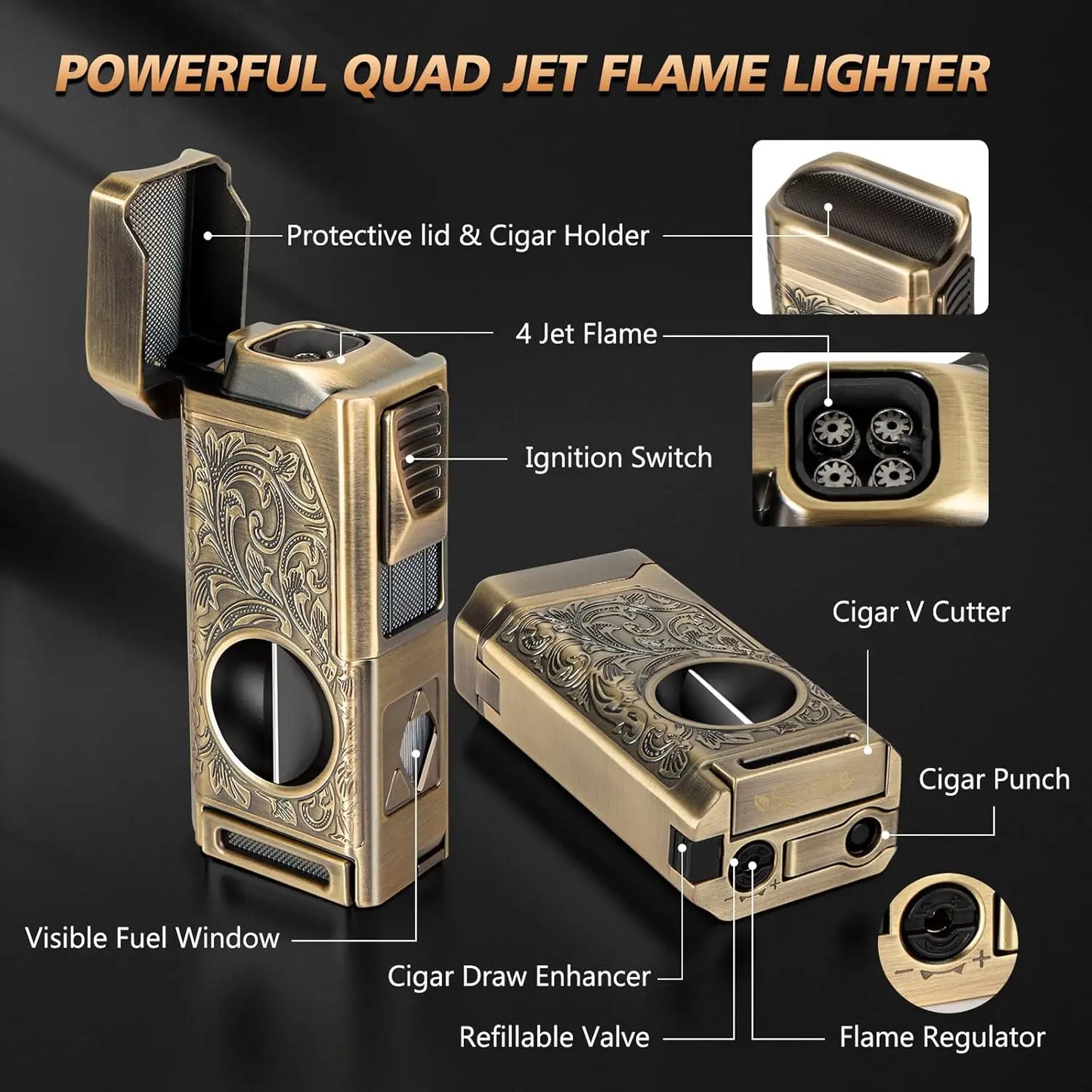 4 Jet Flame Cigar Lighter – Refillable Butane Lighter with V-Cut Cutter, Punch, Holder & Draw Enhancer