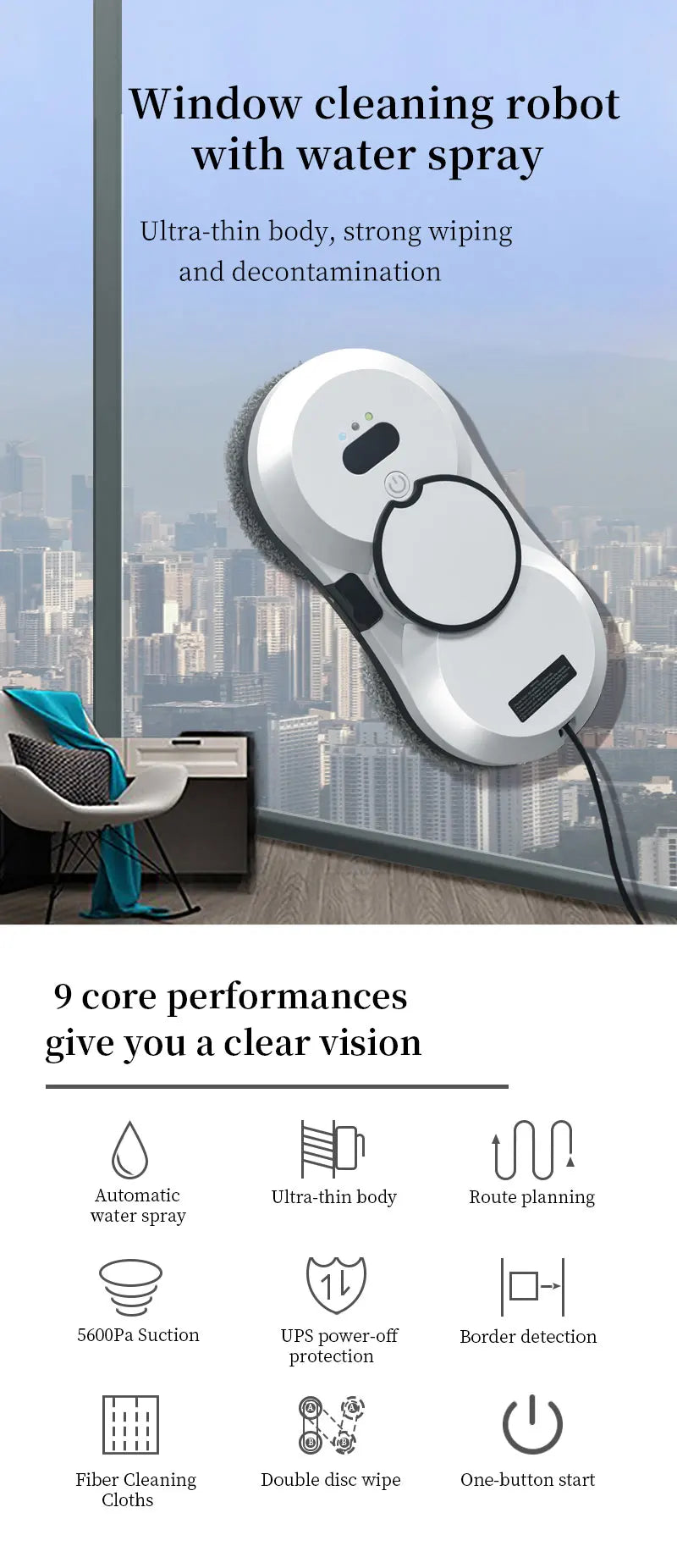 High-Suction 5600PA Window Cleaning Robot with Electric Spray and Fall Prevention - Remote Controlled