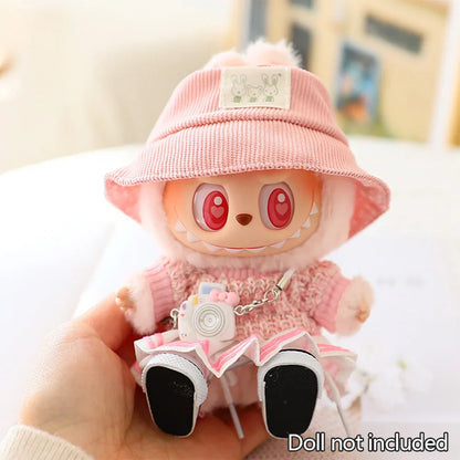 Mini Doll Clothes & Accessories — 15–17cm Labubu & 10cm Cotton Doll Outfit, Pink Hoodie & Yarn Skirt (No Doll)