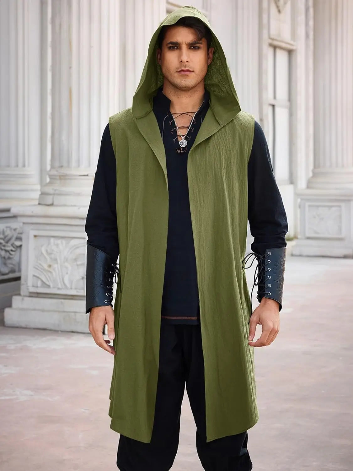 Runcati Men’s Renaissance Costume – Hooded Medieval Knight Surcoat Sleeveless Tunic Tabard for Halloween & Viking Dress-Up