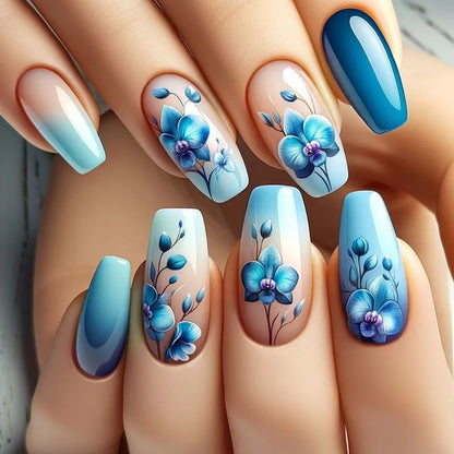 24pcs Blue Golden Stripe Press-On Nails Shiny Powder Long Square Full Cover False Nail Tips Wearable Love Design