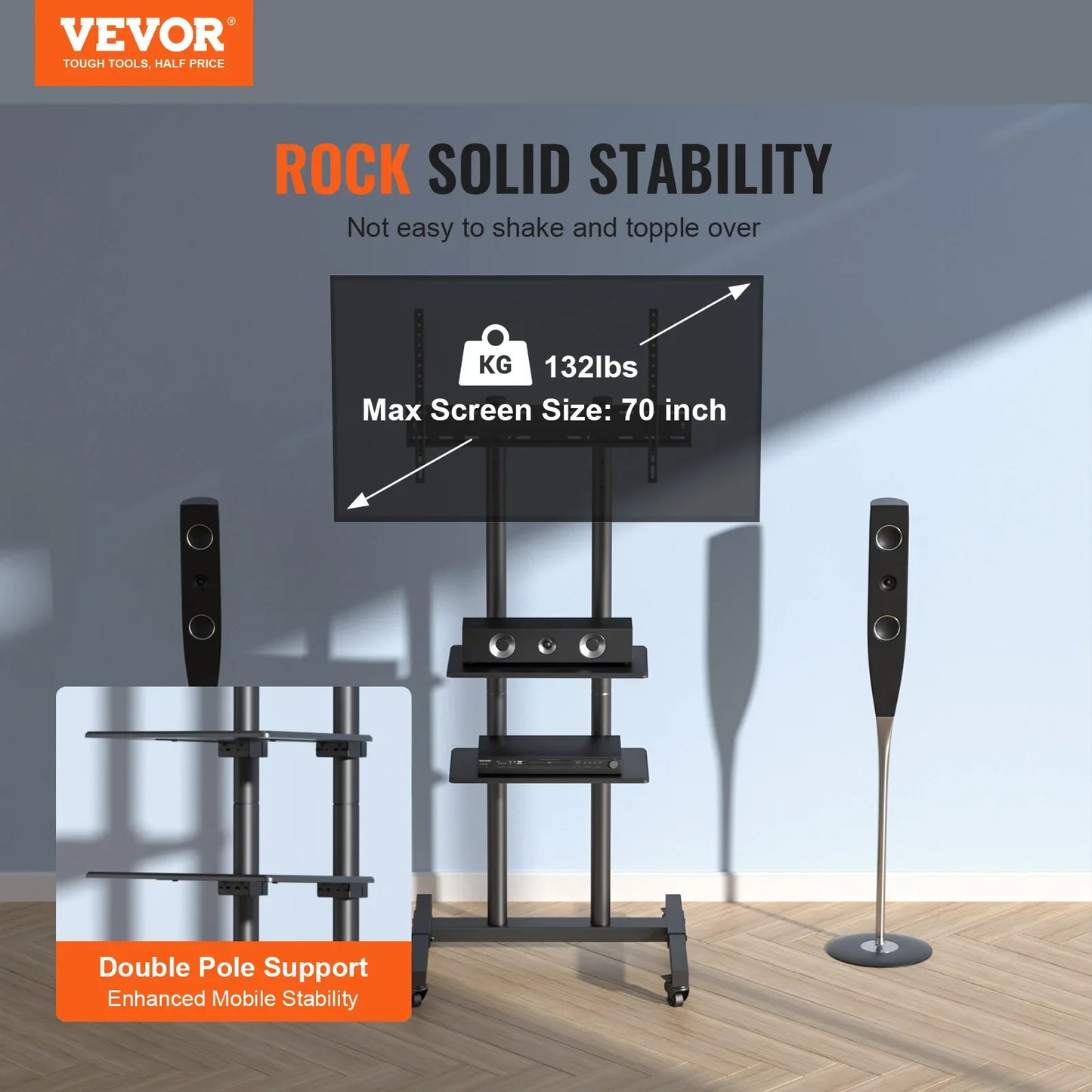 SucceBuy Height Adjustable Mobile TV Stand – Rolling Cart with Double Tray for Audio-Visual Devices