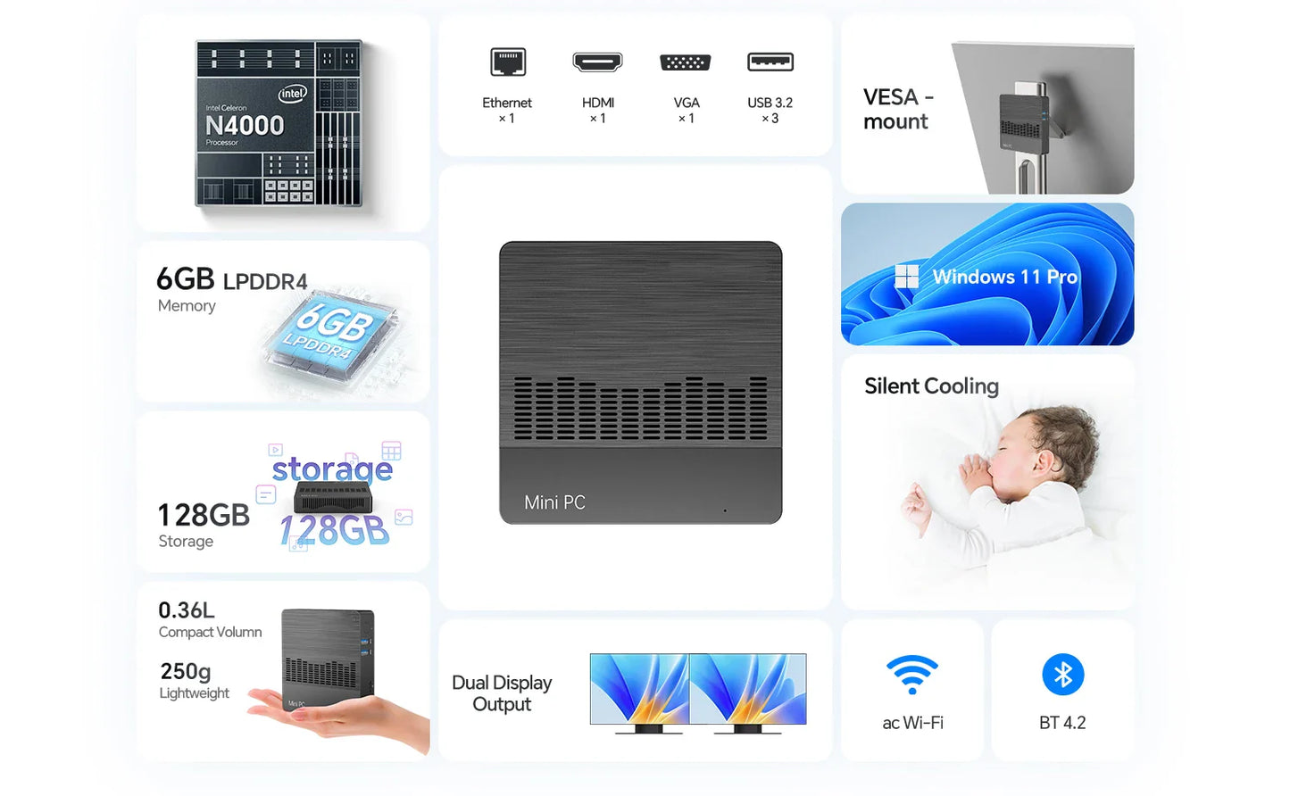 SOYO M2 Air Mini PC — Intel N4000, 6GB RAM, 128GB eMMC, Windows 11 Pro, Compact Desktop for Home, Business & Gaming