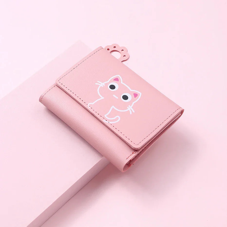 Women’s Cute Cat PU Leather Wallet — Small Short Card Holder Purse with Hasp, Fashion Money Bag for Girls & Gifts