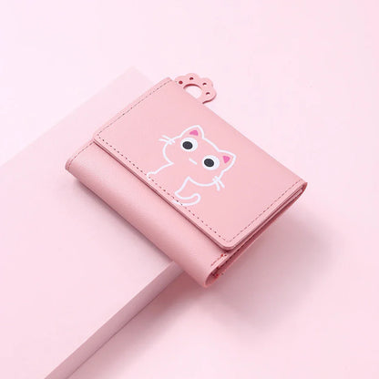 Women’s Cute Cat PU Leather Wallet — Small Short Card Holder Purse with Hasp, Fashion Money Bag for Girls & Gifts