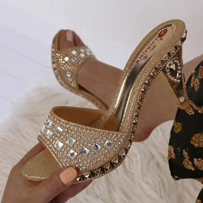 Women’s Summer Rhinestone High Heel Sandals – Sexy Gold & Silver Heeled Shoes