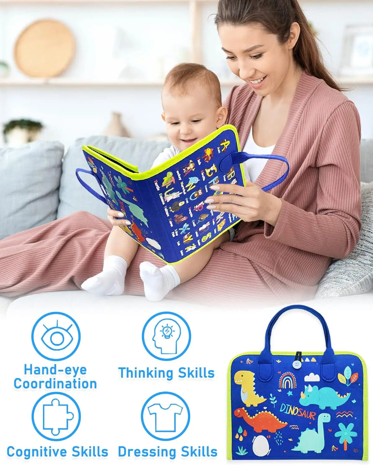 Montessori Toddler Busy Board – Dinosaur Dress-Up Sensory Toy for Learning Life Skills & Travel Backpack