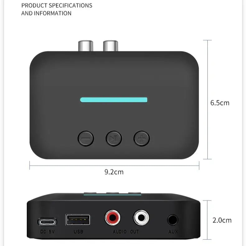 USB Bluetooth 5.3 Audio Receiver Adapter with 3.5mm AUX RCA | Wireless Music Streaming & U-Disk Playback for Desktop Speakers and Amps