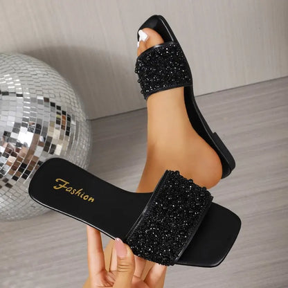 Women’s Black Beaded Flat Sandals - Square Toe Slip-On Summer Party Shoes