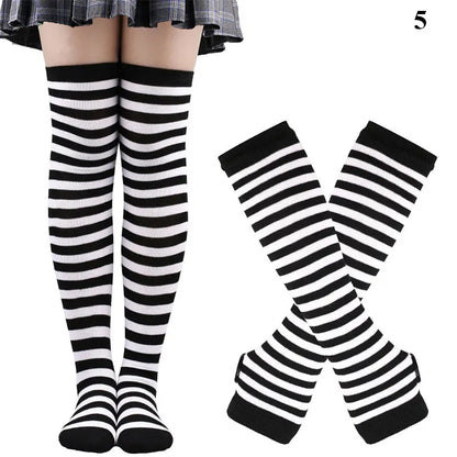 Women’s Over-Knee Long Stripe Socks & Arm Sleeve Gloves – Cute Plus Size Thigh High Cotton Socks