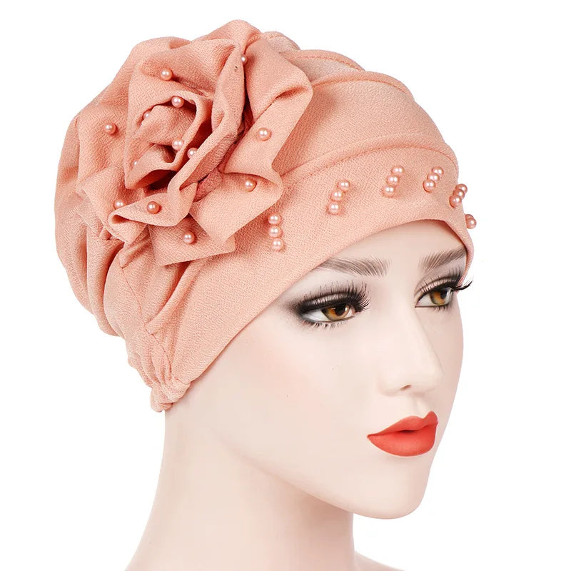 2024 Pearl Embellished Muslim Turban Beanie for Women – Elastic Hijab Headwrap with Flower Chemo Cap