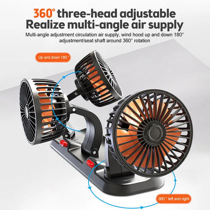 360° Adjustable Car Fan - 3-Head Automotive Electric Fan - USB/12V/24V - 2 Speeds - Silent Cooling for Home, Desk, Office & Car