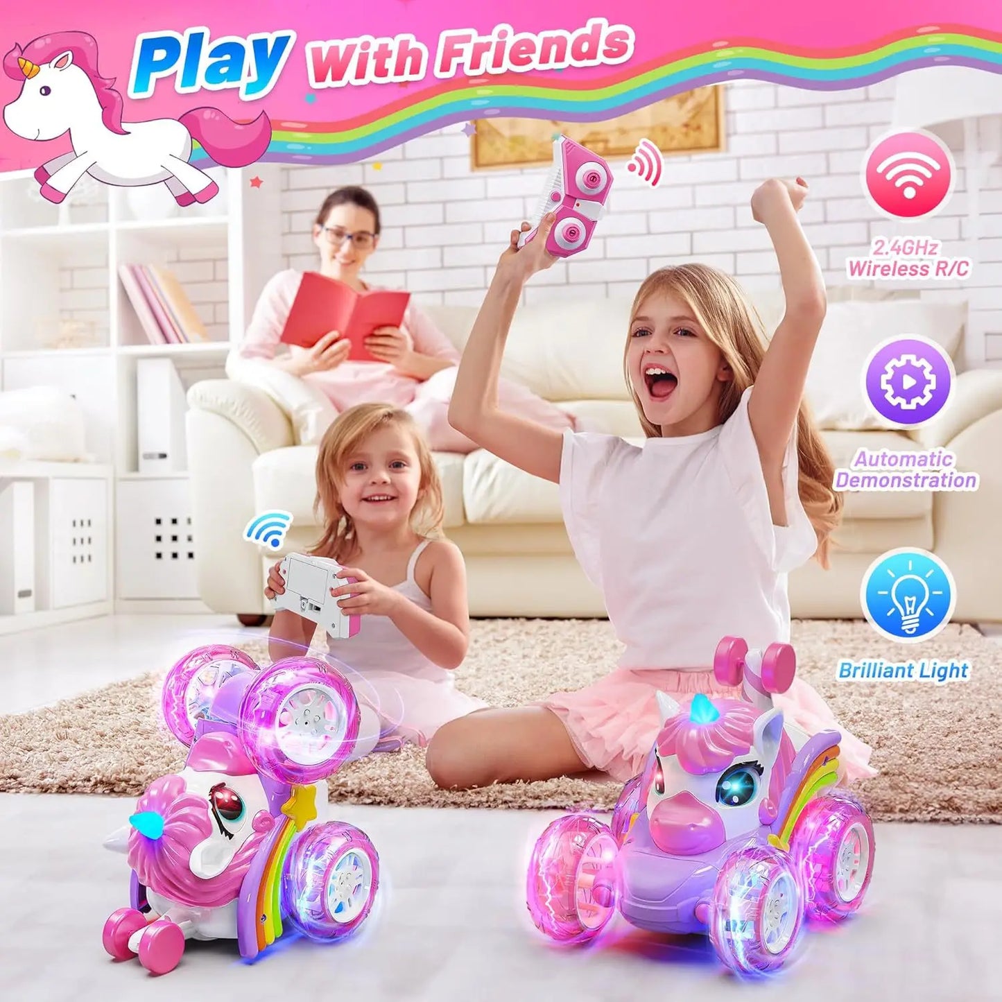Remote Control Unicorn Car for Girls – 360° Rotating 4WD Stunt RC Toy with LED Lights, 2.4GHz Kids Gift